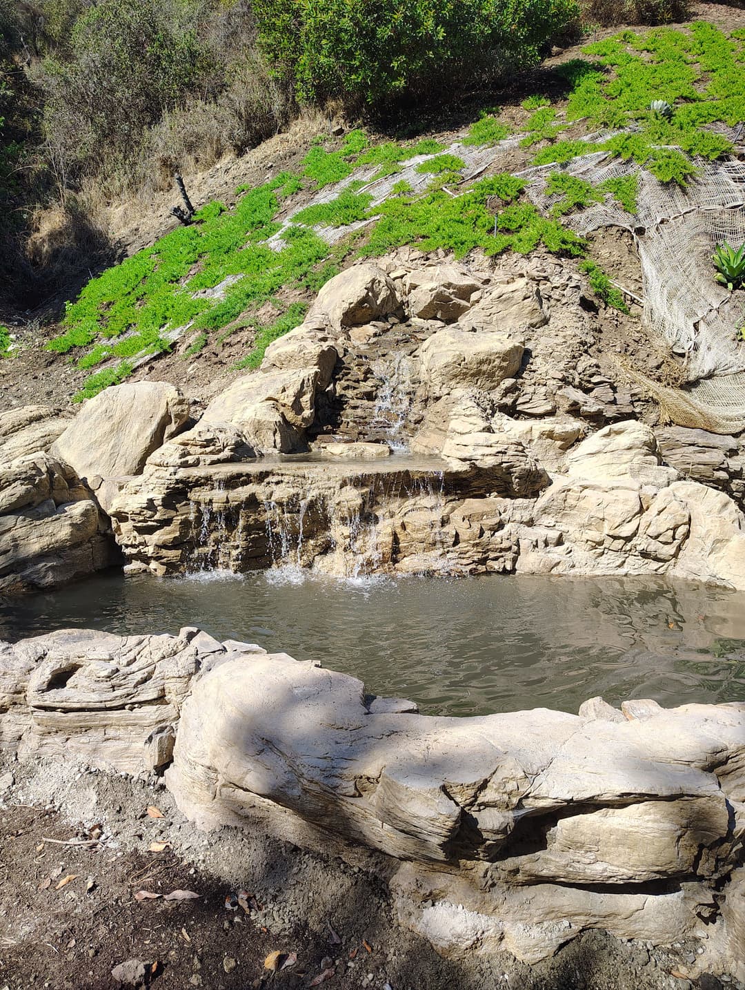 Natural rock waterfall with tranquil pool surrounded by lush green vegetation in a serene setting.