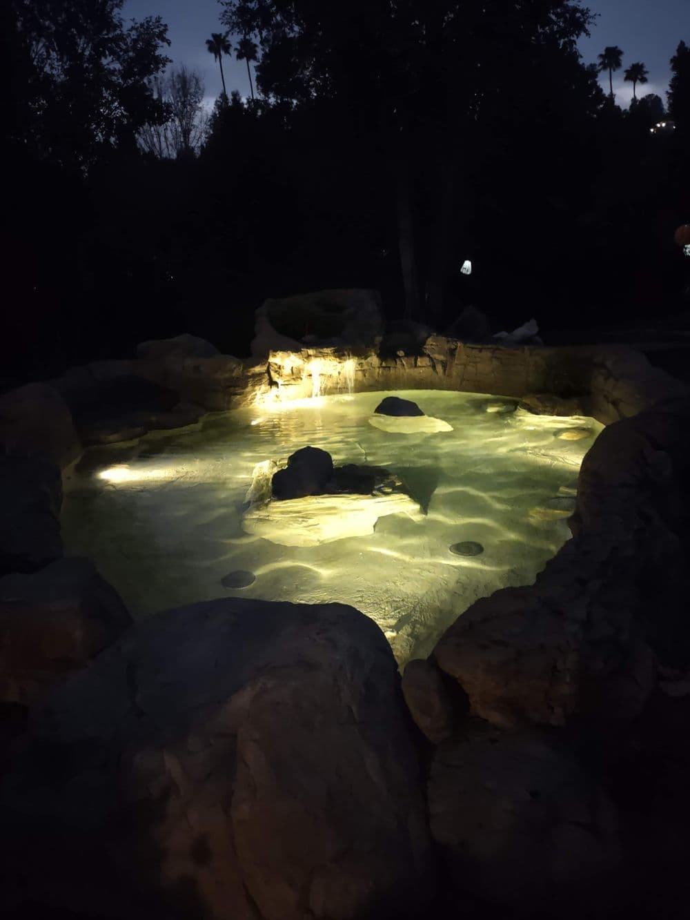 Illuminated outdoor hot tub with natural stone edges surrounded by trees at night.